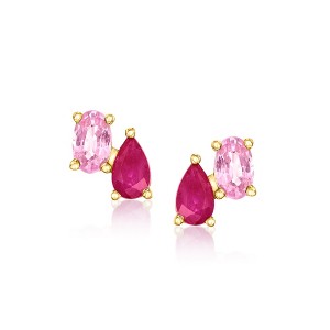 Pure Collection by Ross-Simons 0.40 ct. t.w. Pink Sapphire and .40 ct. t.w. Ruby Toi Et Moi Earrings in 14kt Yellow Gold - 1 of 4