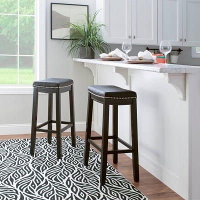 Set of 2 Black Wood and Leather Saddle Barstools