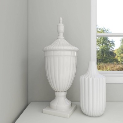 26" White Ceramic Tall Fluted Urn Vase with Lid