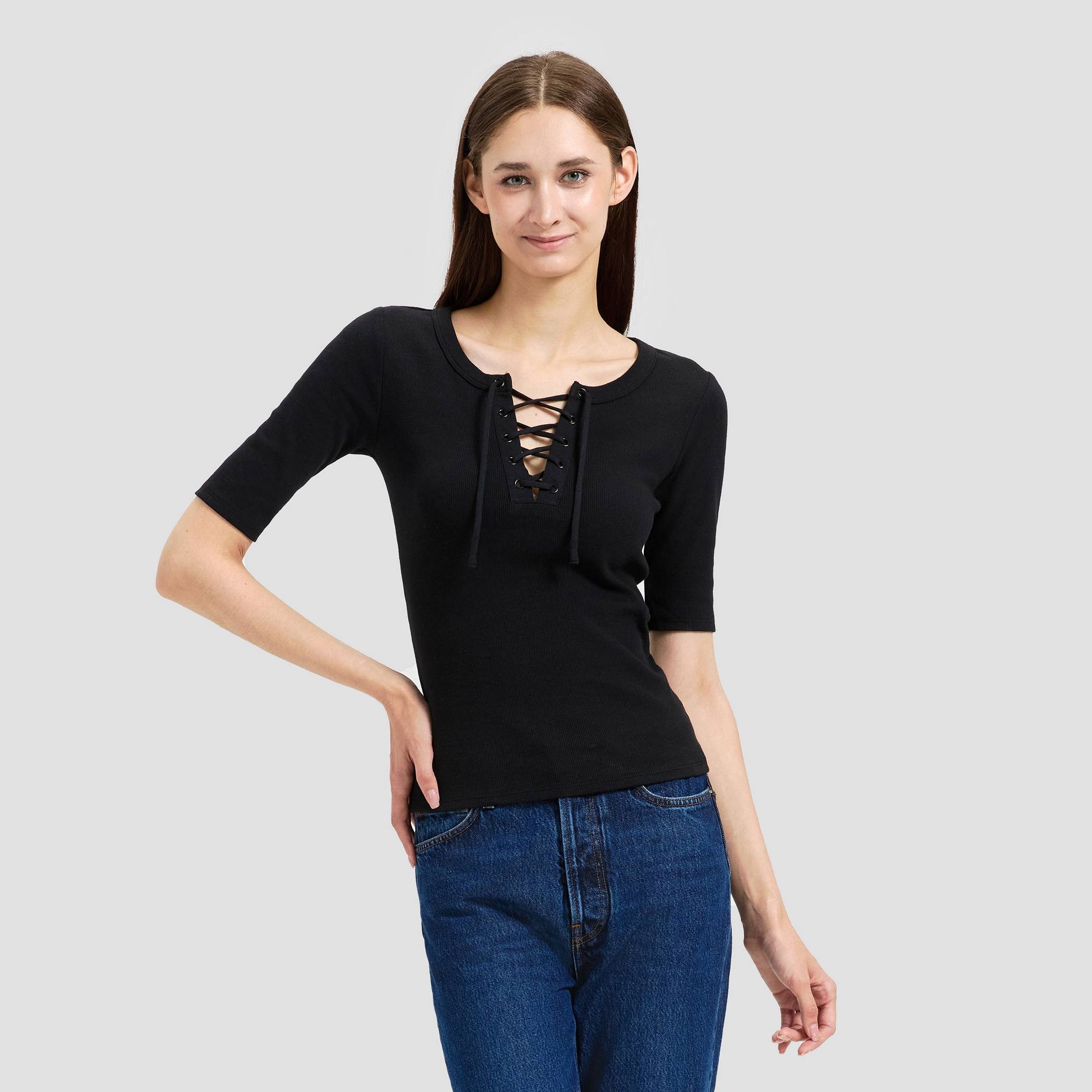 Women's Elbow Sleeve Lace-Up Top - Universal Thread™ Black