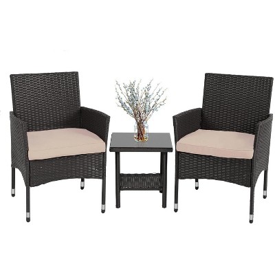 Garvee 3 Pieces Outdoor Patio Furniture Set, Rattan Table & Chairs with Soft Cushions - Bistro Set for Garden, Porch