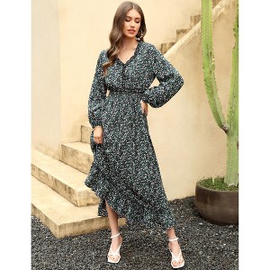 Women's Bohemian Floral Print Maxi Dress - V-Neck Long Sleeve Wedding Guest Gown, Flowy Beach Dress - 1 of 4