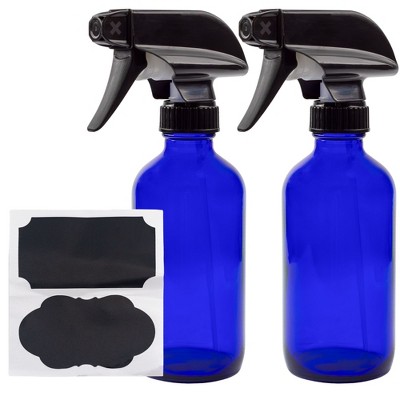 Cornucopia Brands 8oz Cobalt Blue Glass Boston Round Spray Bottles 2pk; 3-Setting Heavy Duty Sprayers, Refillable Bottle for DIY and Essential Oils