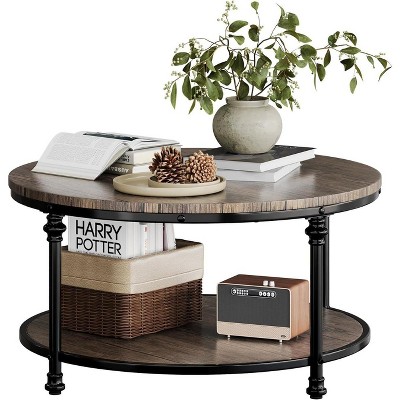 Coucheta 30.5/34.5" Round Coffee Table - 2-Tier Farmhouse Wood & Metal Design with Storage Shelf