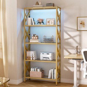 Aheaplus 5 Tier Glass Bookshelf with LED Light, Metal Frame Storage Shelf Display Bookcase - 1 of 4