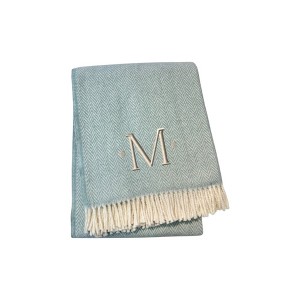 HomeRoots 55" X 70" Sky Blue And White Herringbone Cotton Blend M Initial Throw Blanket with Tassels And Embroidery - 1 of 4
