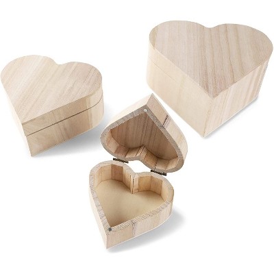 Unfinished Wood Box with Magnetic Hinged Lid, Heart Jewelry Box (3 Pack)