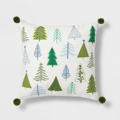 Printed and Embroidered Christmas Tree Square Throw Pillow with Pom Poms Cream - Wondershop™