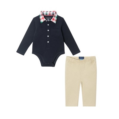 Image of Andy & Evan Infant  Navy Holiday Polo Bodysuit & Cognac Cord Pants Set Blue, Size 3-6 Months.