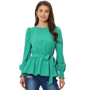 Allegra K Women's Dressy Belt Tie Waist Puff Long Sleeve Work Peplum Blouse - 1 of 4