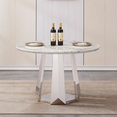 46" Round Dining Table,Modern Kitchen Table with High Gloss Marble Top and Stainless Steel Base for Dining Room,Kitchen - Maison Boucle