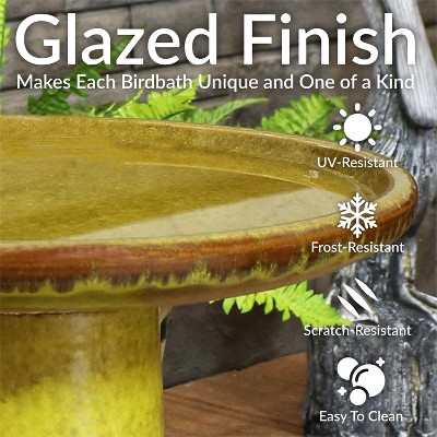 Cognac Yellow Ceramic Bird Bath with Ribbed Pedestal