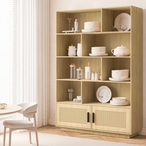 5 Tier Rattan Bookshelf with Storage Cabinet & Door, 71.1 Inch Tall Industrial Book Shelf,5 Shelf Bookcase with Metal Frame - 1 of 4