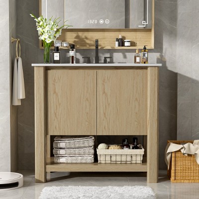 Bathroom Vanity With Ceramic Sink,Bathroom Storage Cabinet With 45 Degrees Free-Handle,Soft-Closing Doors And Open Shelf At The Bottom -Maison Boucle
