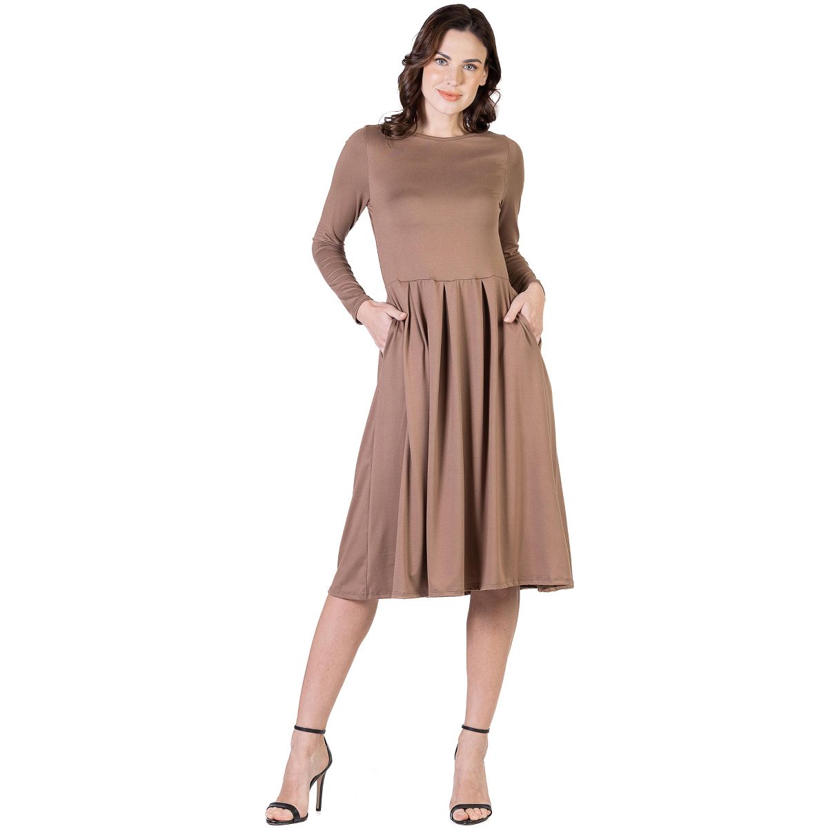 Womens Round Neck Long Sleeve Pleated Fit N Flare Pocket Midi Dress - 24seven Comfort Apparel™