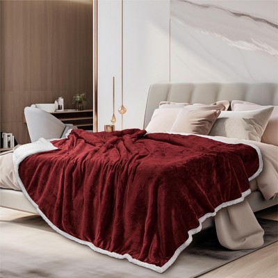 Wine Red Reversible Sherpa Fleece Throw Blanket 50" x 60"