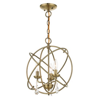Antique Brass Mini 3-Light Chandelier with Teardrop Crystals
