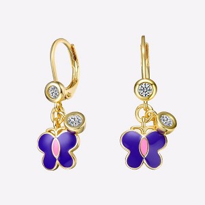 Guili 14k Yellow Gold Plated Butterfly Dangling earrings with Amethyst Enamel and Clear Cubic Zirconia for Kids - 1 of 4