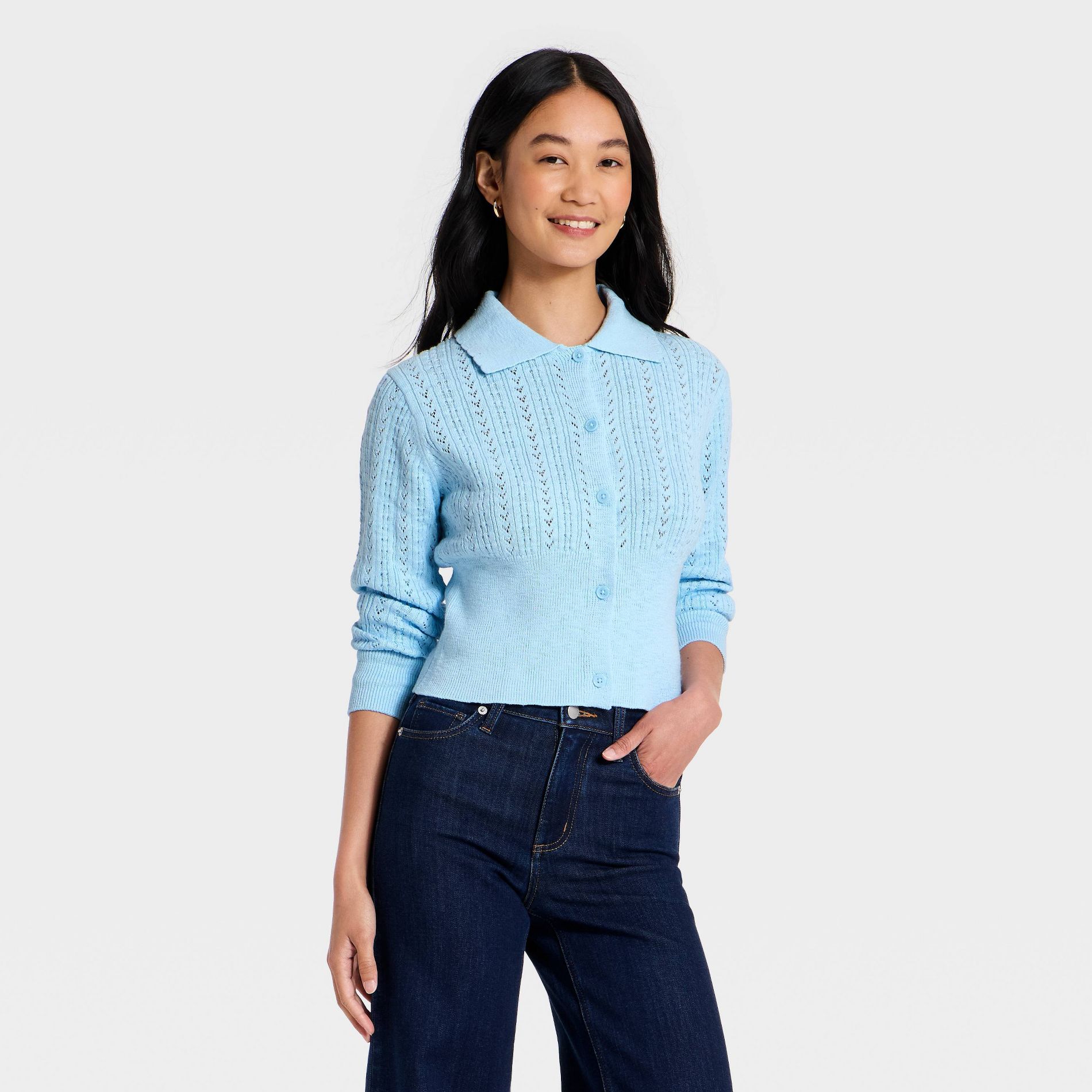 Women's Long Sleeve Pointelle Collared Cardigan - Universal Thread™