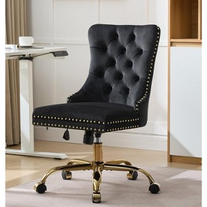 RISOKEYS Velvet Upholstered High Back Desk Chair,360° Swivel Adjustable Height Office Chair,with Golden Metal Base for Home Office,Study - 1 of 4