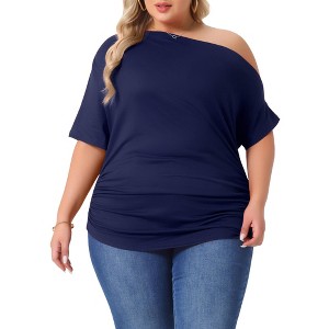 Agnes Orinda Women's Plus Size One Shoulder Short Sleeve Ruched Solid Casual Blouses - 1 of 4