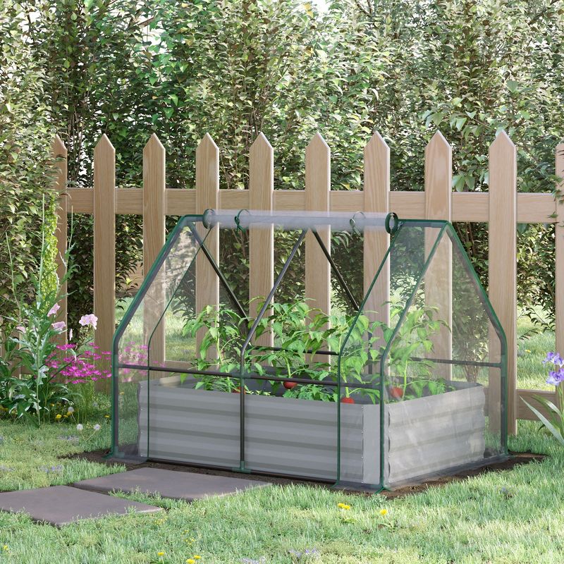 Outsunny Raised Garden Bed with Mini Greenhouse, Steel Outdoor Planter Box with Plastic Cover, Roll Up Window, Dual Use, 50"x 37.5"x 36.25", Clear, 4 of 8