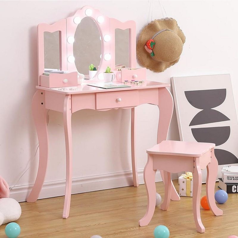 Trinity Kids Vanity, 2 in 1 Princess Makeup Desk Dressing Table with Tri-fold Mirror & Storage Shelves(Pink), 4 of 5
