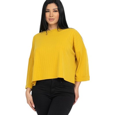 Slickblue Casual Drop Shoulder Top for Women – Mustard – Loose Fit – 3/4 Roll-Up Sleeves – Soft Rib Knit – S