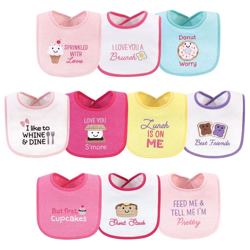 Hudson Baby Infant Girl Cotton Terry Drooler Bibs with Fiber Filling 10pk, Girl Ice Cream, One Size, 1 of 3
