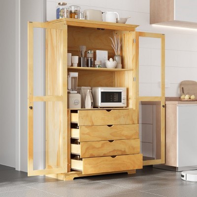 Large Wood Kitchen Pantry Cabinet with Glass Doors and Drawers,Freestanding Farmhouse Storage Organizer for Kitchen or Dining Room-Coolbibila