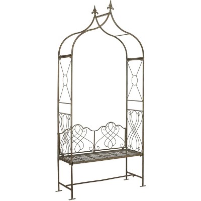 Gold Iron Outdoor Garden Arbor Bench with Scrollwork