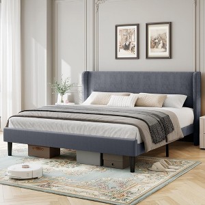 Bed Frame with Vertical Channel Headboard, Upholstered Bed Frame with Wood Slats - 1 of 4