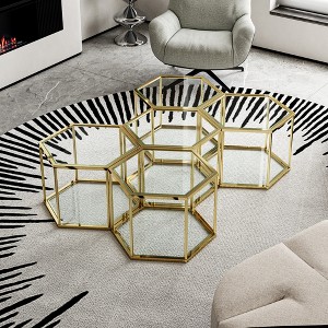 5pcs Small Stainless Steel Coffee Table with Double-Layer Tempered Glass and Polygonal Design for Living Room - 1 of 4