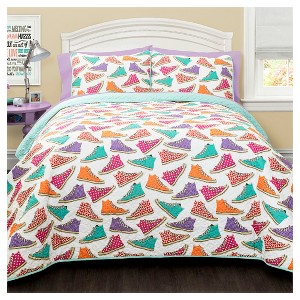 Canvas Shoes Quilt and Sham Set (Full/Queen) 3 Piece -Turquoise, Blue