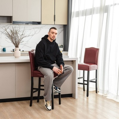 Elegant Red Leatherette Adjustable Barstool Set with Studded Detail