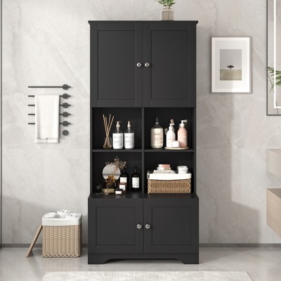 TIRAMISUBEST Tall and Wide Bathroom Floor Storage Cabinet, Bathroom Storage Unit, Freestanding Cabinet with 4 Doors, Adjustable Shelves, Open