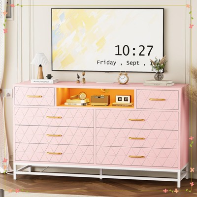 8 Drawer Dresser for Bedroom,  Dresser with Led Light, 55 Inch Tv Stand Dressers with Power Outlet