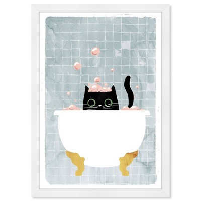 15" x 21" Kitty Bath Time Bath and Laundry Framed Art Print - Wynwood Studio: Modern Decor, Animal Digital Art, White Frame
