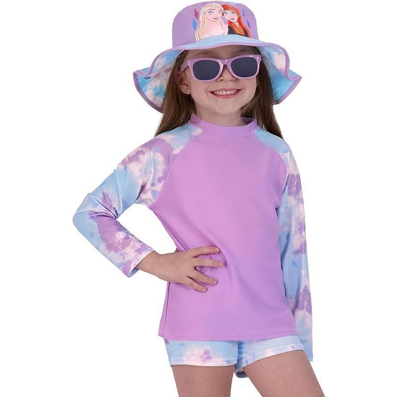 Frozen Girls 4-Piece Kids Set, Long Sleeves Rash Guard, Swim Shorts, Glasses & Bucket Hat - size 3T- 7 years, 2 of 3