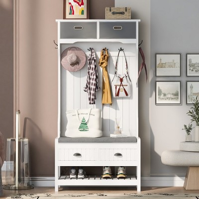 3-In-1 MDF Hall Tree Entryway With Bench Shoe Storage,Coat Rack With 6 Hooks And 2 Sliding Drawers,For Hallways,Living Room,Mudroom-Cuddlewood