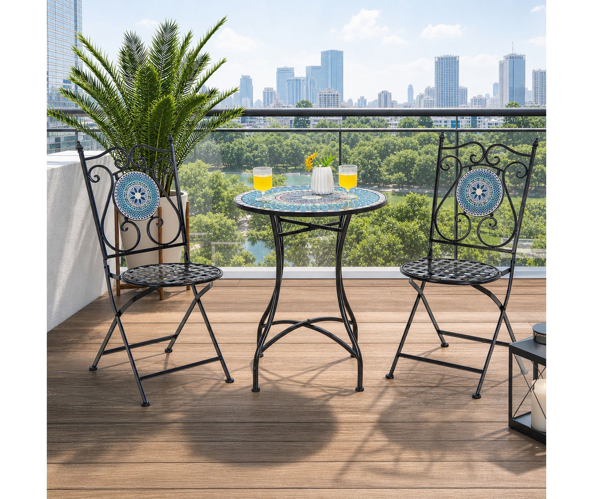 24 Inch Round Outdoor Patio Coffee Table with Mosaic Tile Top and Metal Frame for Small Spaces