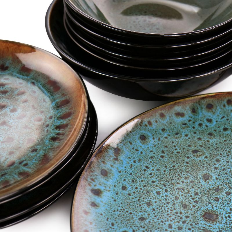 Gibson Elite Kyoto Teal Double Bowl 16 Piece Stoneware Dinnerware Set in Teal and Brown, 3 of 10