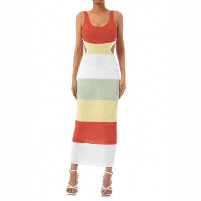 Clotth Womens Temperament Knitted Dress, Leisure Style Striped/Solid Color U-Neck Waist Hollow Sleeveless Backless Tie Up Long Skirt