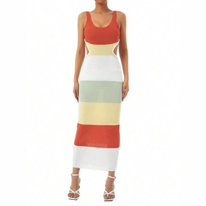 Clotth Womens Temperament Knitted Dress, Leisure Style Striped/Solid Color U-Neck Waist Hollow Sleeveless Backless Tie Up Long Skirt - 1 of 4