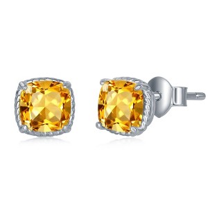Simona Sterling Silver, 6MM Square GEM Cushion-Cut, Rope Detail Border Studs - Citrine - Yellow - 1 of 2