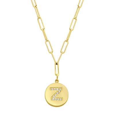 Adornia Tarnish Resistant 14k Gold Plated Pave Crystal Initial Disc Paperclip Necklace