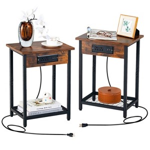 Costway Set of 2 End Tables with Charging Station Industrial Bed Side Table with AC Outlets & USB Port Rustic Brown - 1 of 4