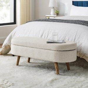 QingMoon Oval Hidden Storage Bench, Upholstered Boucle Fabric Ottoman, End of Bed Bench with Wood Legs for Living Room, Entryway and Bedroom - 1 of 4