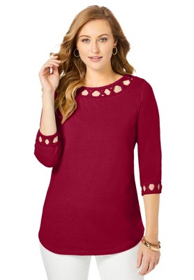 Jessica London Women's Plus Size Stretch Cotton Lattice Boatneck Tunic