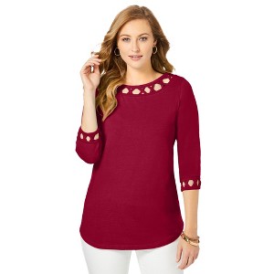 Jessica London Women's Plus Size Stretch Cotton Lattice Boatneck Tunic - 1 of 4